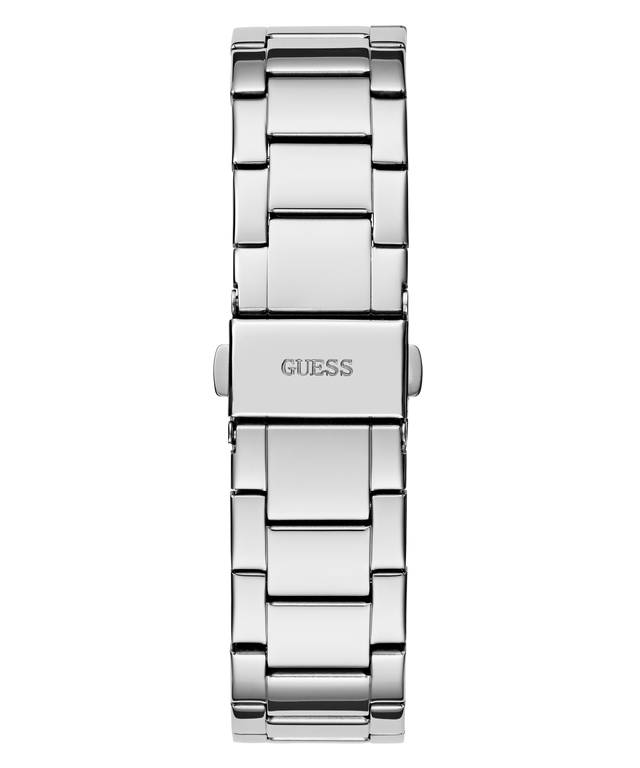 Silver watch with Guess logo on a white background