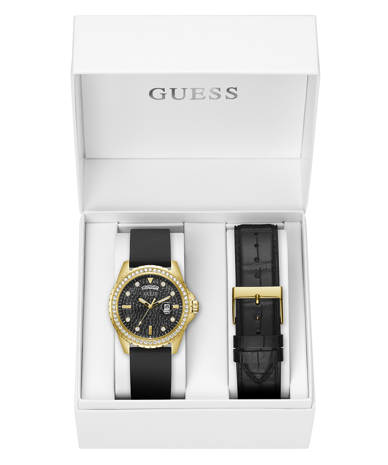 Reloj GUESS para hombre con fecha y día en tono dorado y negro