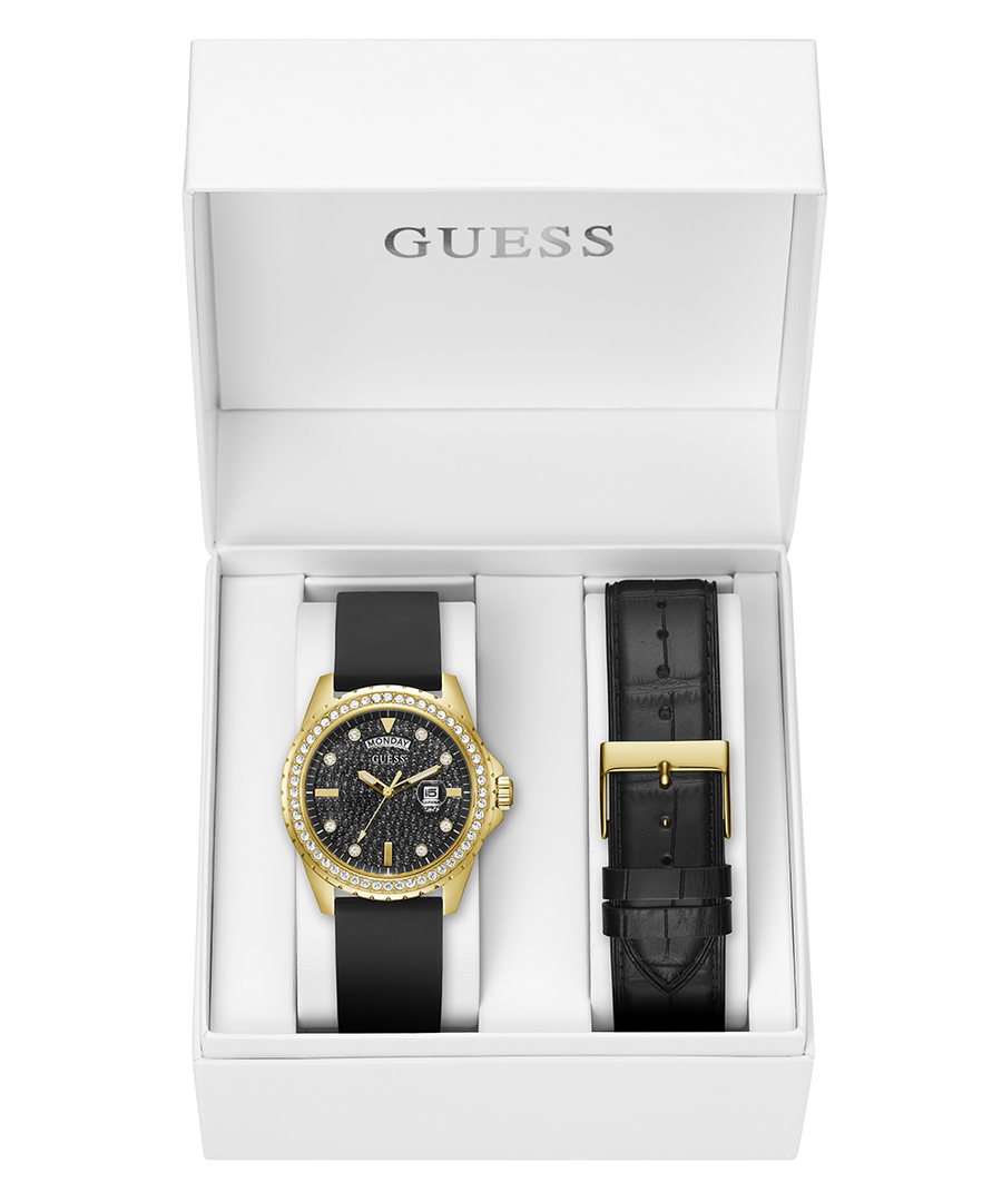 Reloj GUESS para hombre con fecha y día en tono dorado y negro