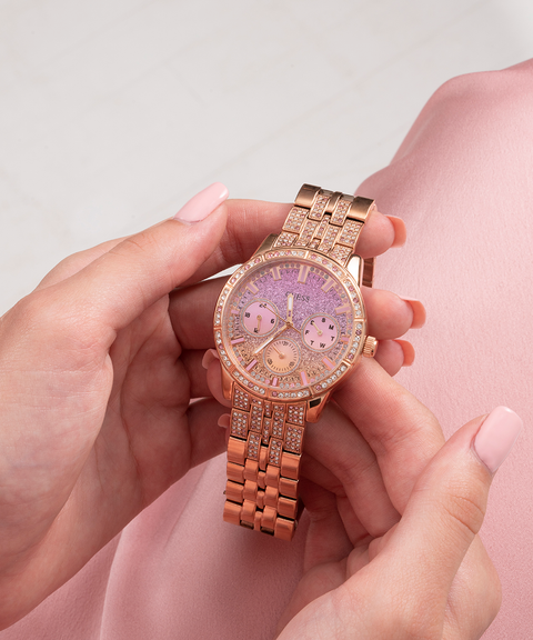 Guess Glitz Multi Function Diamonds Pink Dial Rose Gold Steel Strap Watch for Women - GW0320L6