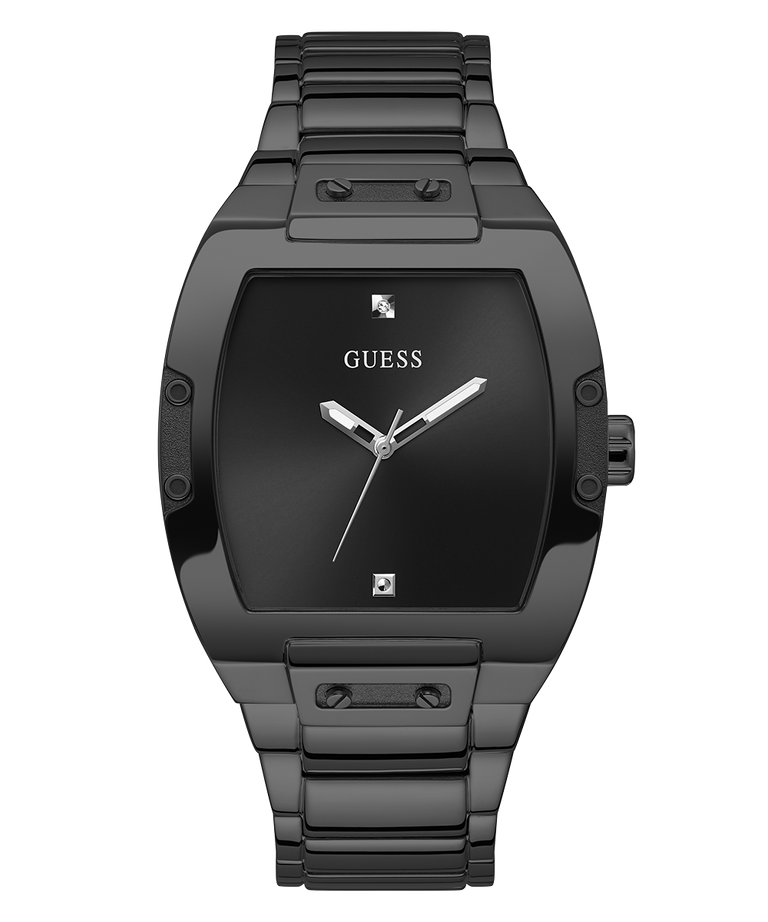 Black watch with a square face and metallic band on a white background