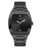 Black watch with a square face and metallic band on a white background