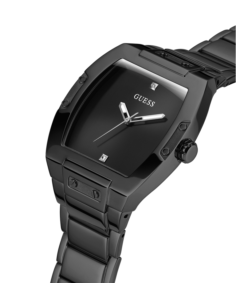 Black watch with a square face and black band on a white background lifestyle