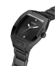 Black watch with a square face and black band on a white background lifestyle