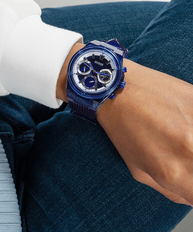 GUESS Eco-Friendly Blue Bio-Based Multi-function Watch lifestyle watch on arm