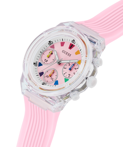 GW0438L7 GUESS Ladies Pink Clear Multi-function Watch  lifestyle angle