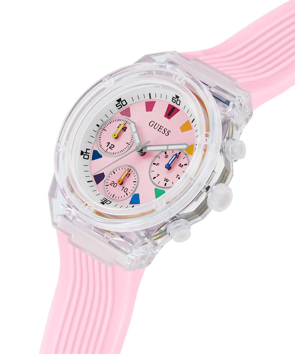 GW0438L7 GUESS Ladies Pink Clear Multi-function Watch  lifestyle angle