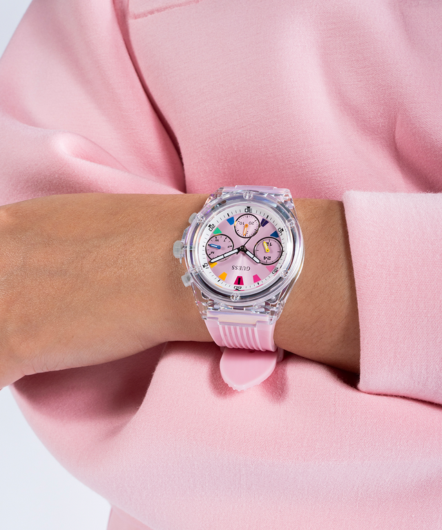 GW0438L7 GUESS Ladies Pink Clear Multi-function Watch  lifestyle pink shirt