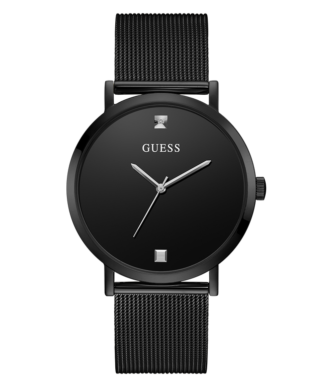 Black Guess watch with mesh band on a white background