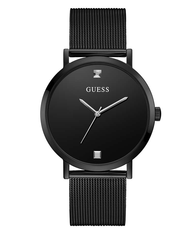 Black Guess watch with mesh band on a white background