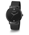 Black Guess watch with mesh band on a white background