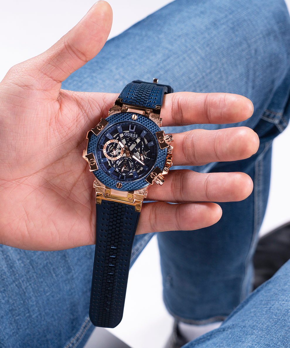 GUESS Mens Navy Rose Gold Tone Multi function Watch GW0486G4