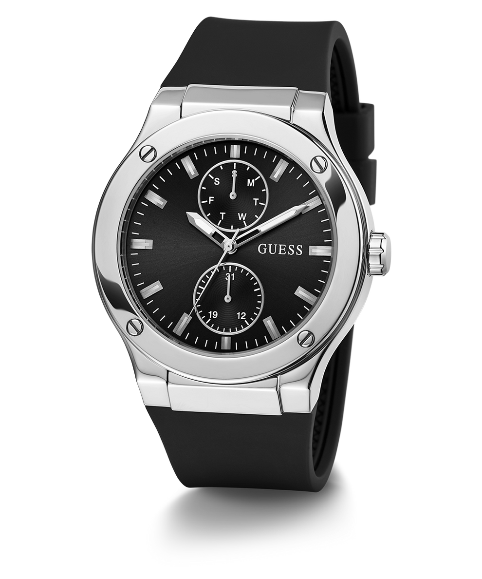 GUESS Mens Black Silver Tone Multi-function Watch