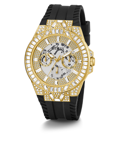 GUESS Mens Black Gold Tone Multi-function Watch