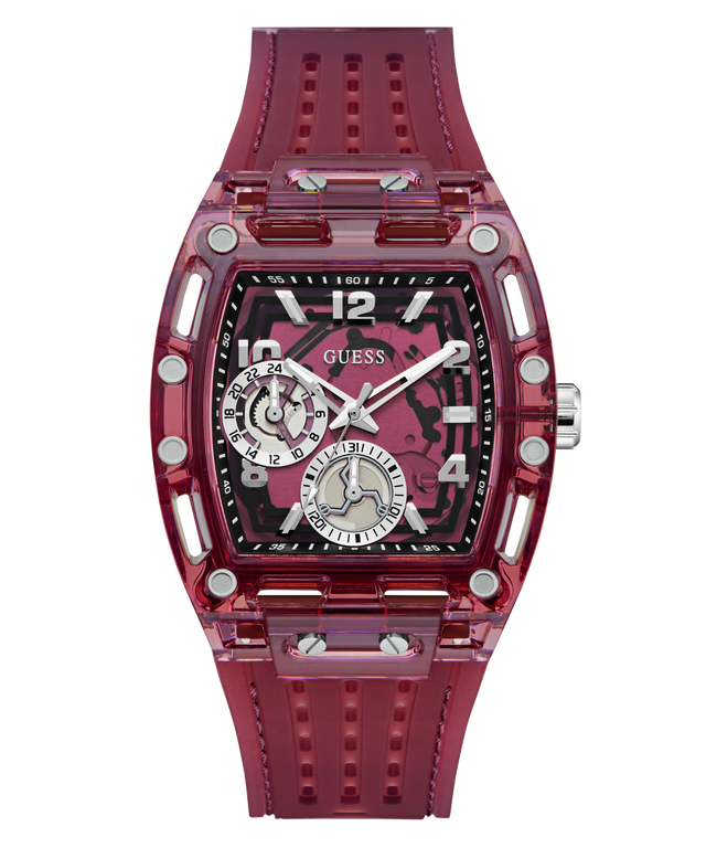 Red Guess watch with a clear face on a white background