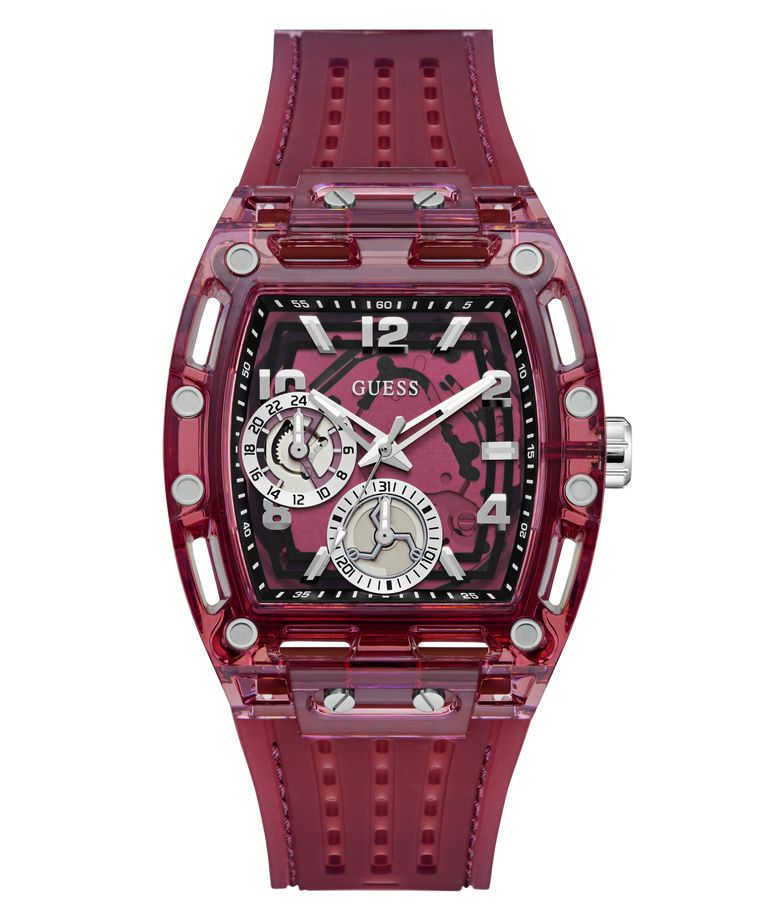 Red Guess watch with a clear face on a white background