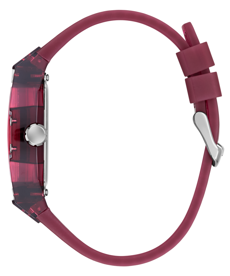 GUESS Mens Red Analog Watch with a red and black plaid face and red strap on a white background