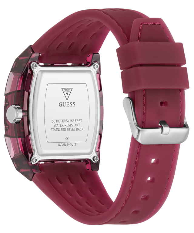 GUESS Mens Red Analog Watch with a red strap and silver case on a white background