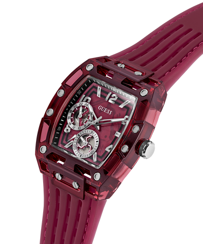 Red GUESS Mens Red Analog Watch with a detailed face on a white background lifestyle