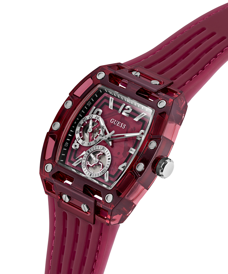 Red GUESS Mens Red Analog Watch with a detailed face on a white background lifestyle