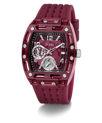 GUESS Mens Red Analog Watch watch with a detailed face on a white background