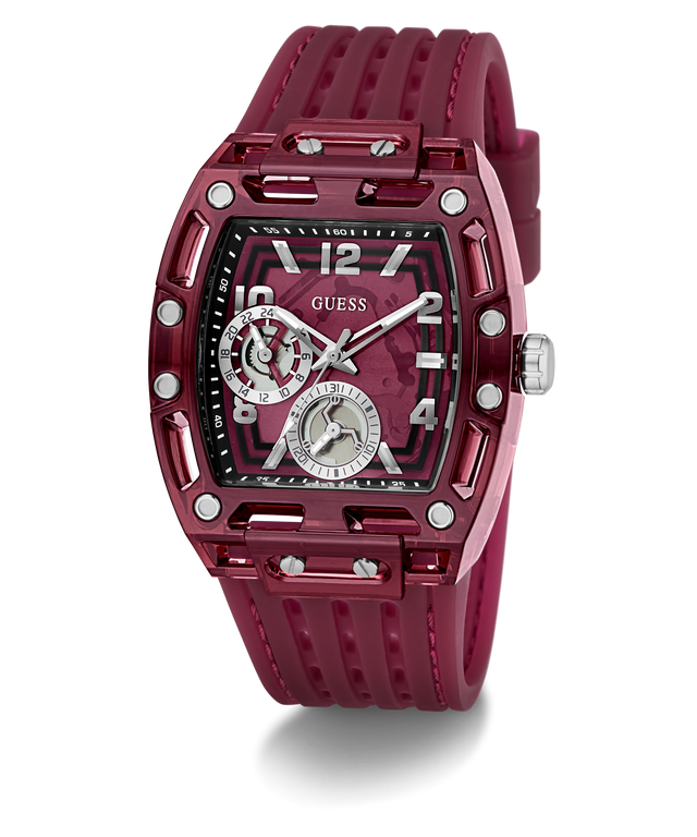 GUESS Mens Red Analog Watch watch with a detailed face on a white background