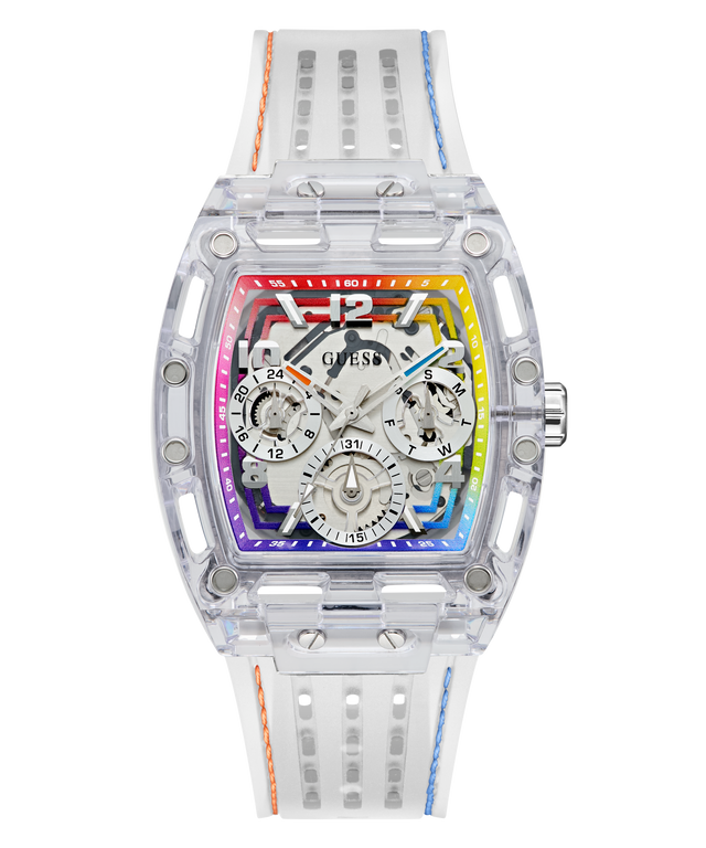Transparent GUESS Mens Pride Limited Edition Clear Analog Watch with colorful face and white strap on a white background