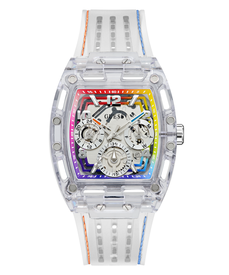 Transparent GUESS Mens Pride Limited Edition Clear Analog Watch with colorful face and white strap on a white background