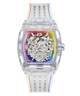 Transparent GUESS Mens Pride Limited Edition Clear Analog Watch with colorful face and white strap on a white background