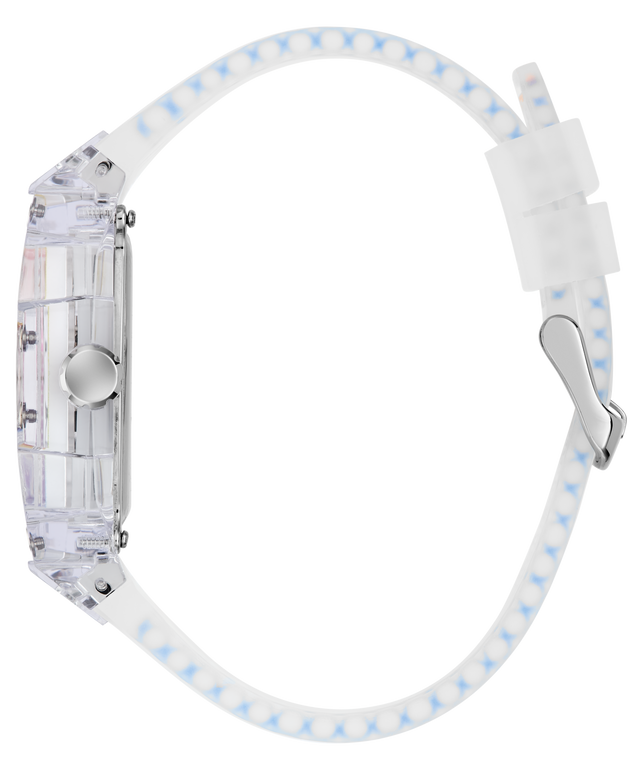 Clear GUESS Mens Pride Limited Edition Clear Analog Watch with a white strap featuring blue dots on a white background