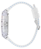 Clear GUESS Mens Pride Limited Edition Clear Analog Watch with a white strap featuring blue dots on a white background