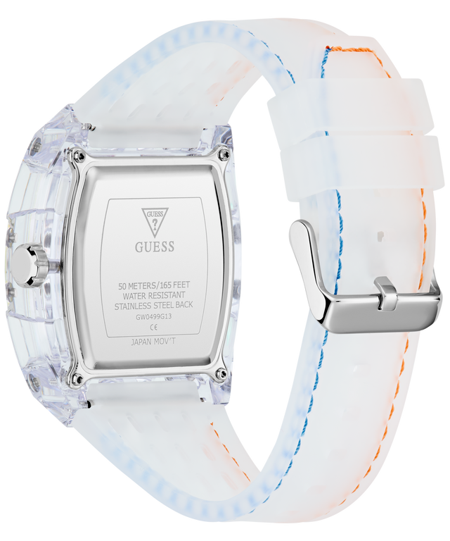 Guess watch with a white and blue marbled strap on a white background