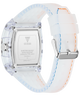 Guess watch with a white and blue marbled strap on a white background