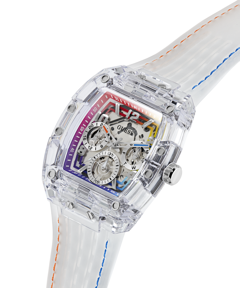 Transparent GUESS Mens Pride Limited Edition Clear Analog Watch with colorful face and white strap on a white background lifestyle