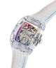 Transparent GUESS Mens Pride Limited Edition Clear Analog Watch with colorful face and white strap on a white background lifestyle