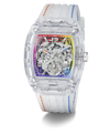 GUESS Mens Pride Limited Edition Clear Analog Watch with colorful accents on a white background