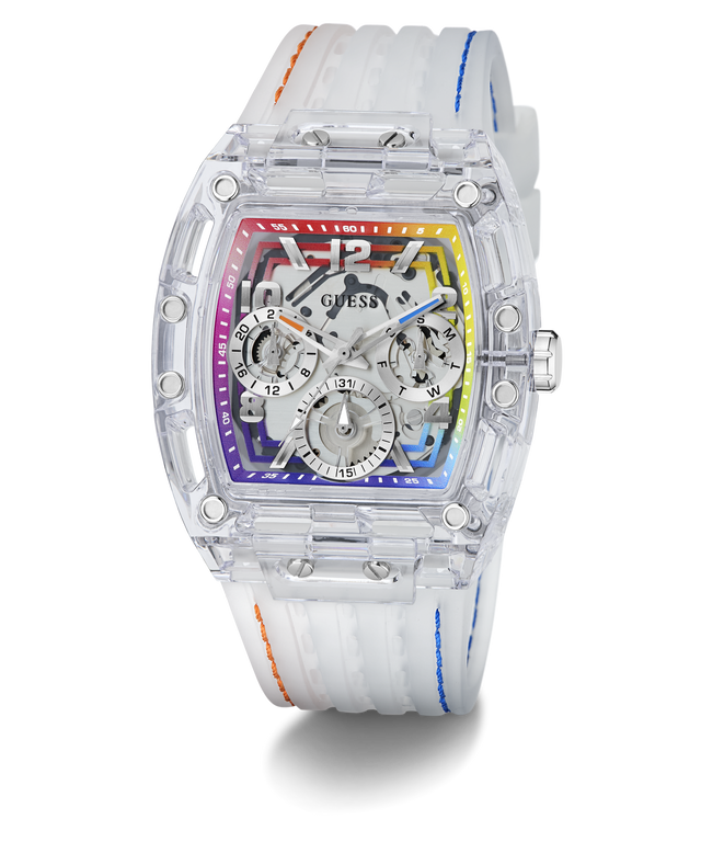 GUESS Mens Pride Limited Edition Clear Analog Watch with colorful accents on a white background