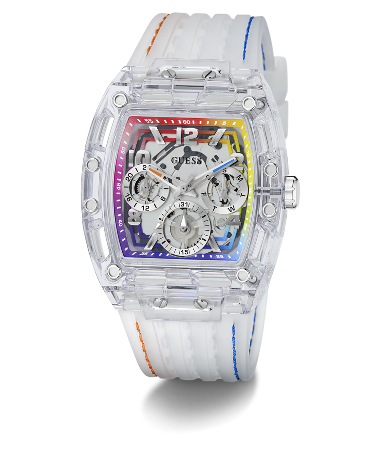 GUESS Mens Pride Limited Edition Clear Analog Watch with colorful accents on a white background