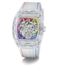 GUESS Mens Pride Limited Edition Clear Analog Watch with colorful accents on a white background