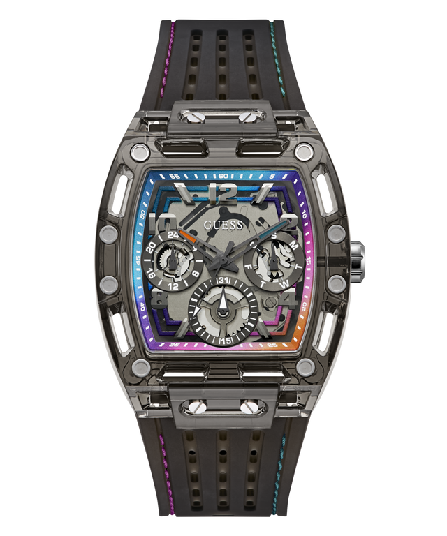 GUESS Mens Black Multifunction Watch with a transparent face on a white background