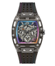 GUESS Mens Black Multifunction Watch with a transparent face on a white background