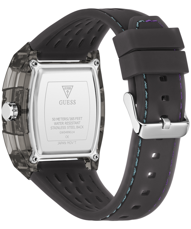 Guess watch with black strap and silver case on a transparent background