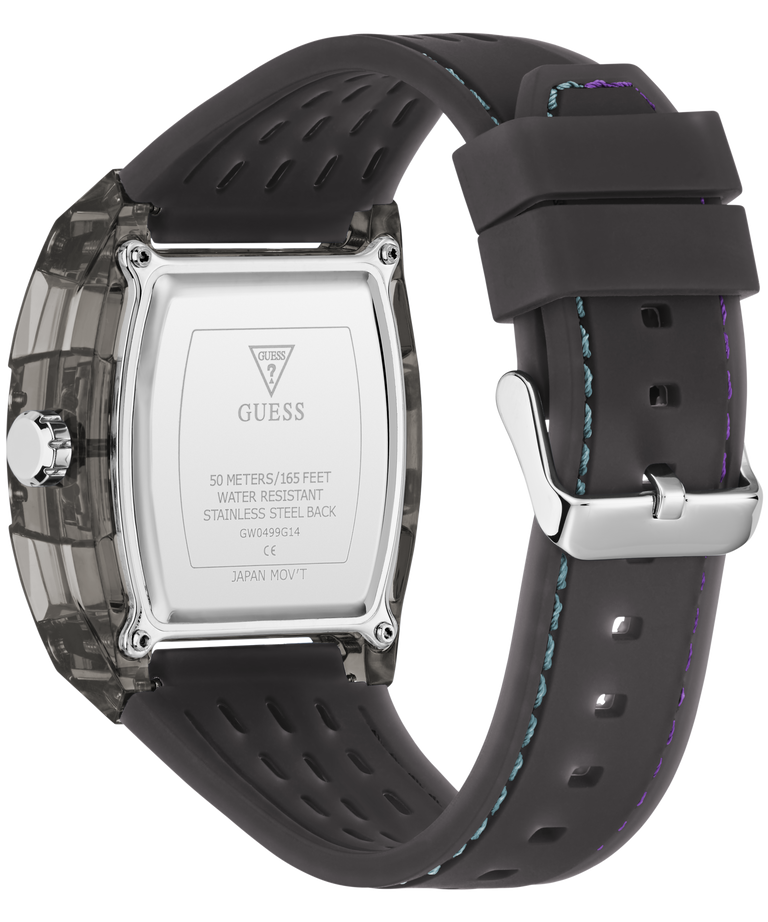 Guess watch with black strap and silver case on a transparent background