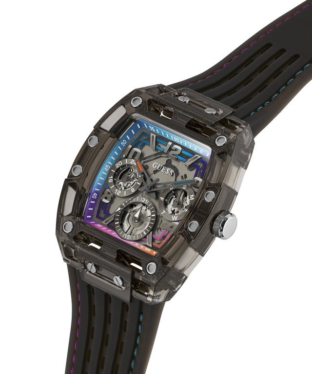 GUESS Mens Black Multifunction Watch with a transparent case, visible mechanical components, and black strap on a white background. lifestyle