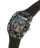GUESS Mens Black Multifunction Watch with a transparent case, visible mechanical components, and black strap on a white background. lifestyle