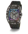 Black and purple Guess watch with detailed face on a white background 