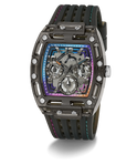 Black and purple Guess watch with detailed face on a white background 