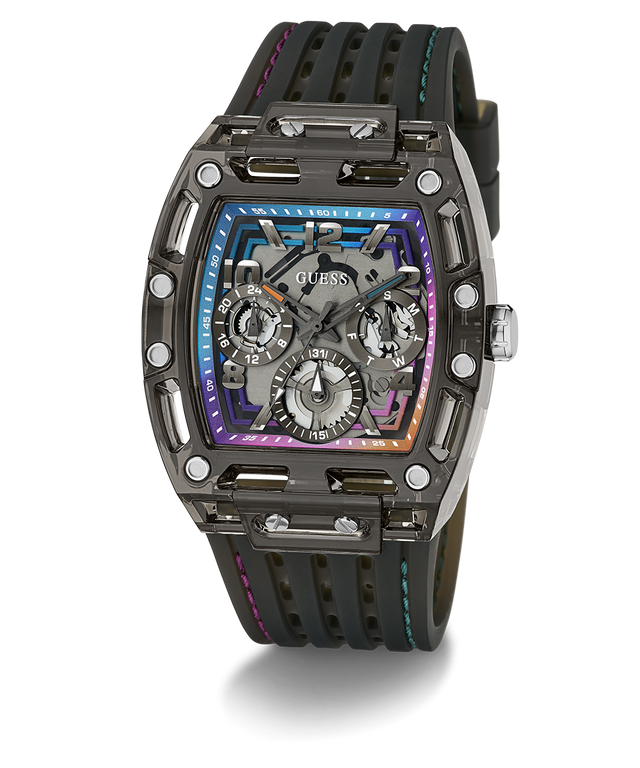 Black and purple Guess watch with detailed face on a white background 