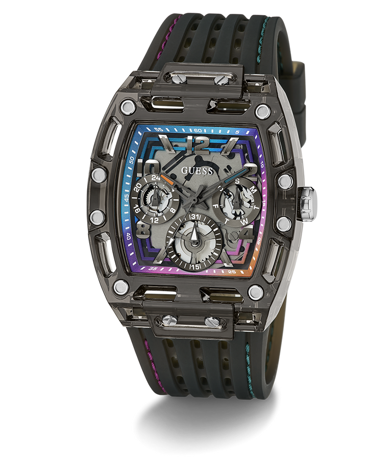 Black and purple Guess watch with detailed face on a white background 