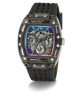 Black and purple Guess watch with detailed face on a white background 
